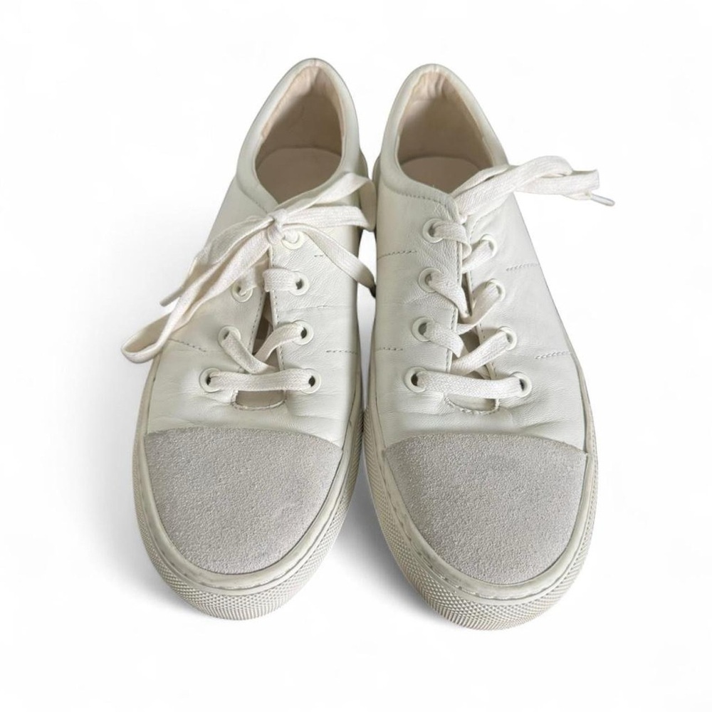 Size 7 Via Spiga White and Grey Leather Cap Toe Sybil Lace Up Sneaker Minimalist